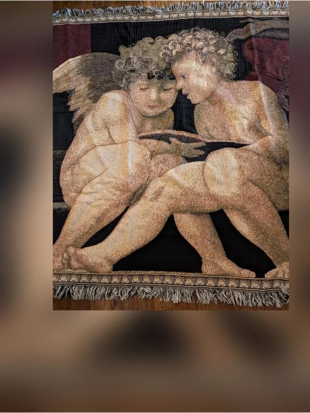 Chatam Vintage Tapestry Throw Cherub Angels Rosso Fiorentino artist 100% Cotton